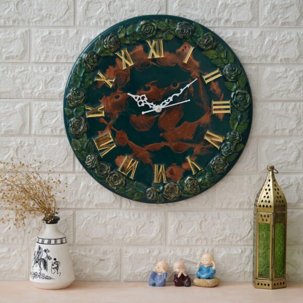 Exquisite Wooden Handmade Wall Clock Green With Brown Printed Acrylic Wall Clock for Home & Office Decorative Big Size Clock (16 Inch)