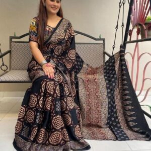 PIXEL ELEGANCE: Digital Print Chanderi Cotton Saree with Matching Blouse10