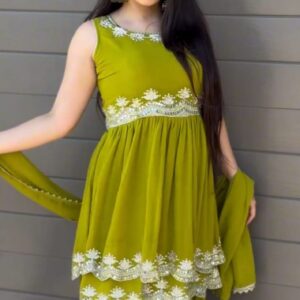 Enchanted Aura: Faux Georgette Embroidered Party Set (Top + Plazo + Dupatta)