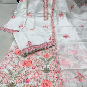 Akshara: Pure Ivory Chanderi Silk Embroidered Kurta Set with Dupatta