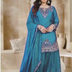 Chinon Charm: Embroidered Party Wear Top, Plazzo & Dupatta Set